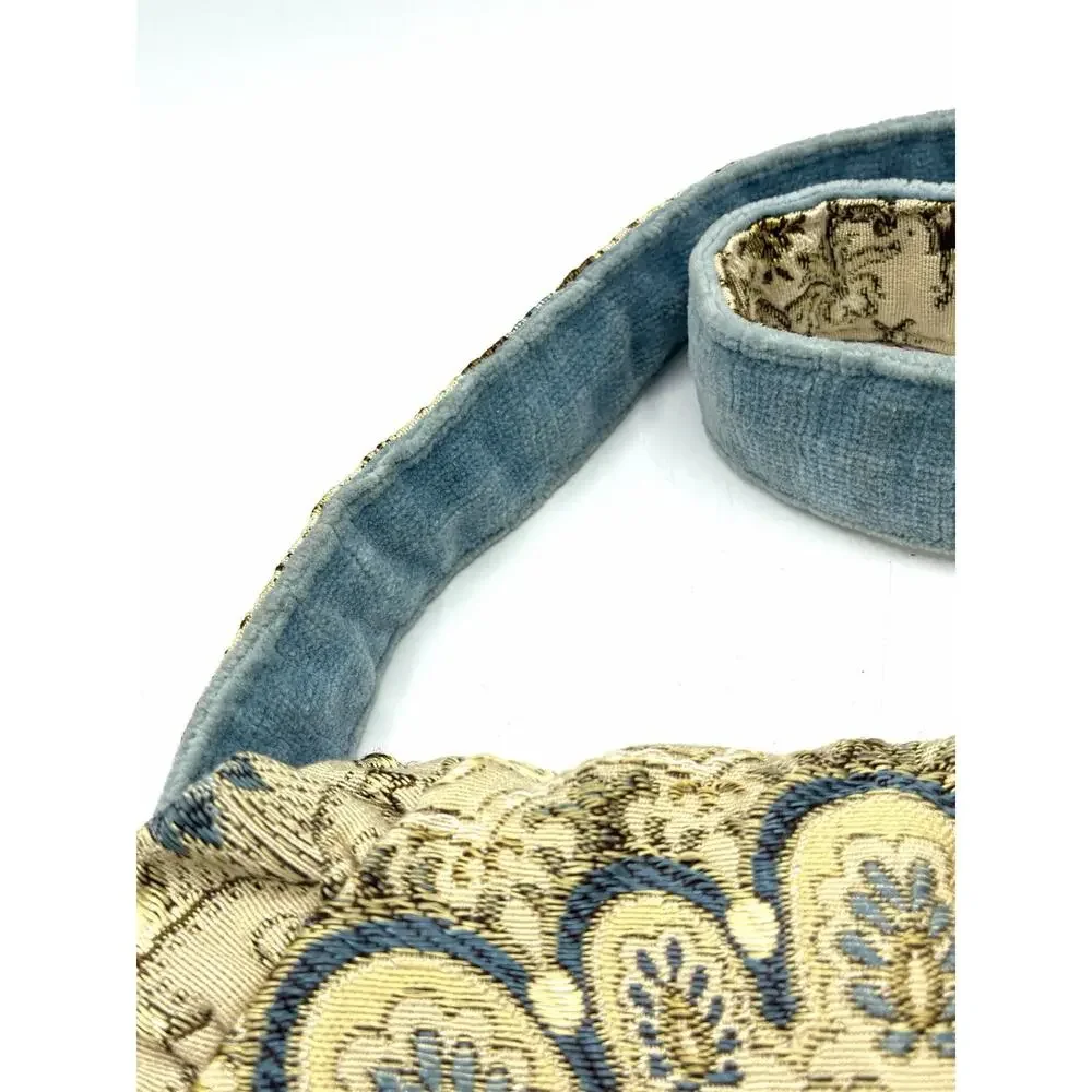 Vintage Tapestry Shoulder Bag Blue Velvet Strap Floral Medallion Boho Purse